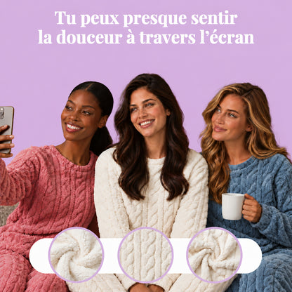 Tres mujeres con el conjunto cocooning rosa, crema y azul, con tres primeros planos del punto