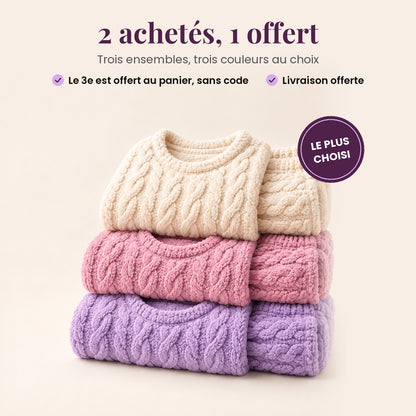 Oferta 2 comprados, 1 gratis: tres conjuntos cocooning doblados, crema, rosa y violeta
