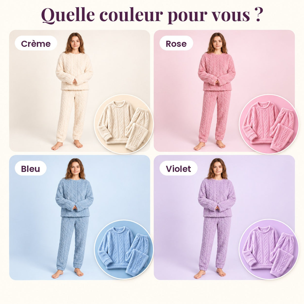 Los cuatro colores del conjunto cocooning puestos: crema, rosa, azul y violeta
