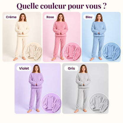Los cuatro colores del conjunto cocooning puestos: crema, rosa, azul y violeta