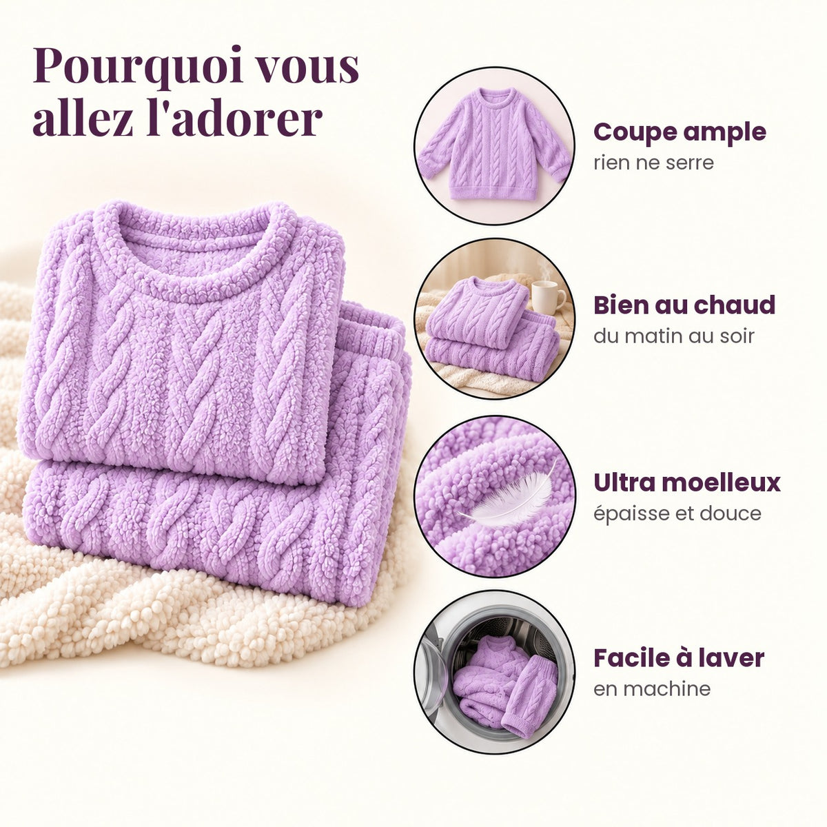 Conjunto cocooning violeta doblado y sus ventajas: corte holgado, bien abrigada, ultrasuave, fácil de lavar
