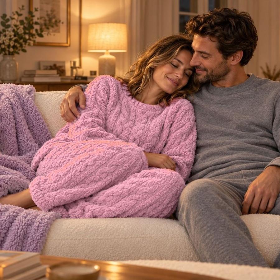 Mujer con el conjunto cocooning rosa acurrucada junto a su pareja en el sofá
