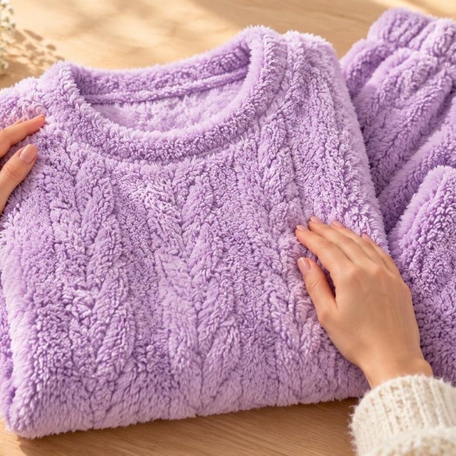 Manos apoyadas sobre un conjunto cocooning violeta, primer plano del forro polar sherpa